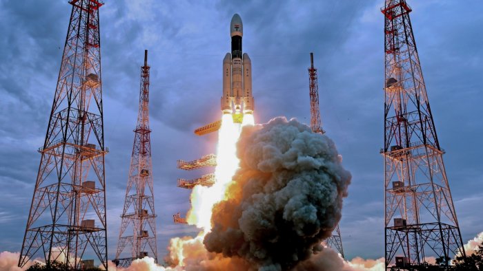 ISRO's Launch Vehicle Mark-III (LVM3) M4 rocket carrying 'Chandrayaan-3' lifts off from the launch pad at Satish Dhawan Space Centre, in Sriharikota, Friday, July 14, 2023. Credit: PTI Photo