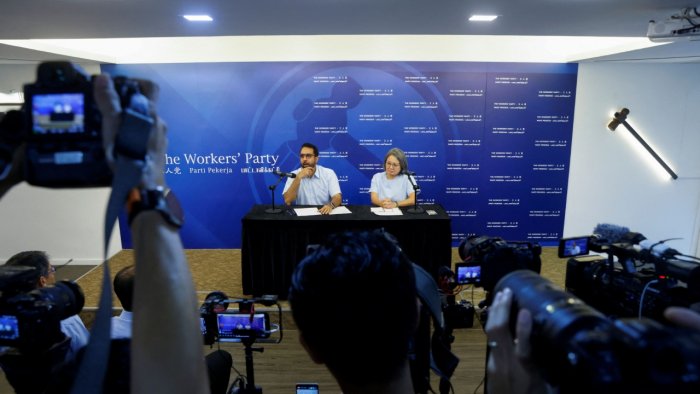 Workers' Party Chairman Sylvia Lim and Secretary-General Pritam Singh attend a press conference at their headquarters in Singapore, after Leon Perera, 53, and Nicole Seah, 36, resigned, July 19, 2023. Credit: Reuters Photo
